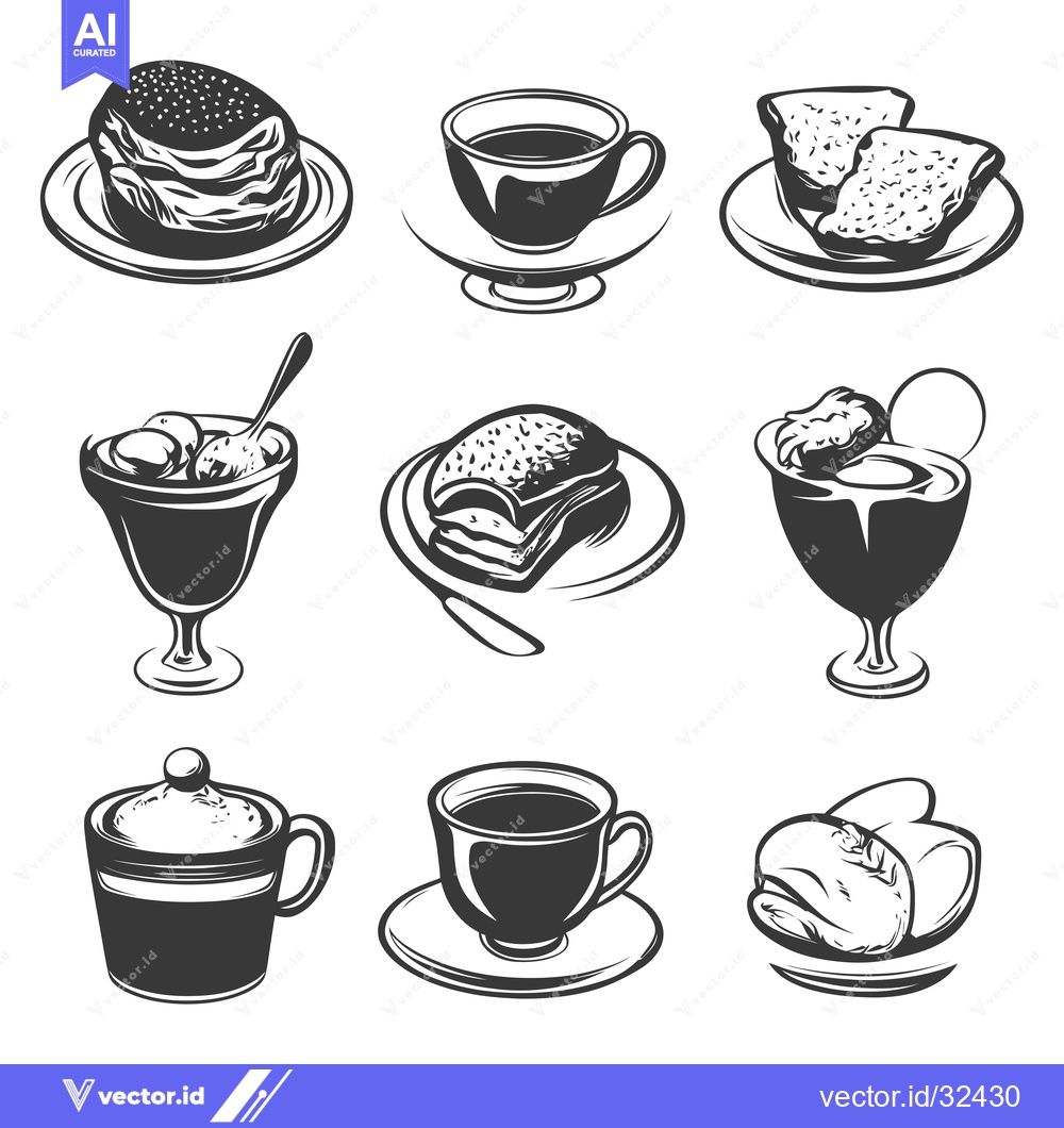 Premium Vector of Collection of Black and White Illustrations of Breakfast Food and Drin