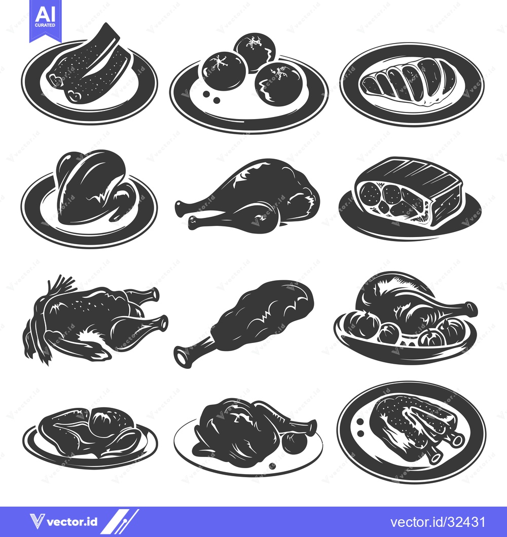 Premium Vector dari Collection of Black and White Illustrations of Chicken and Meat Dishes