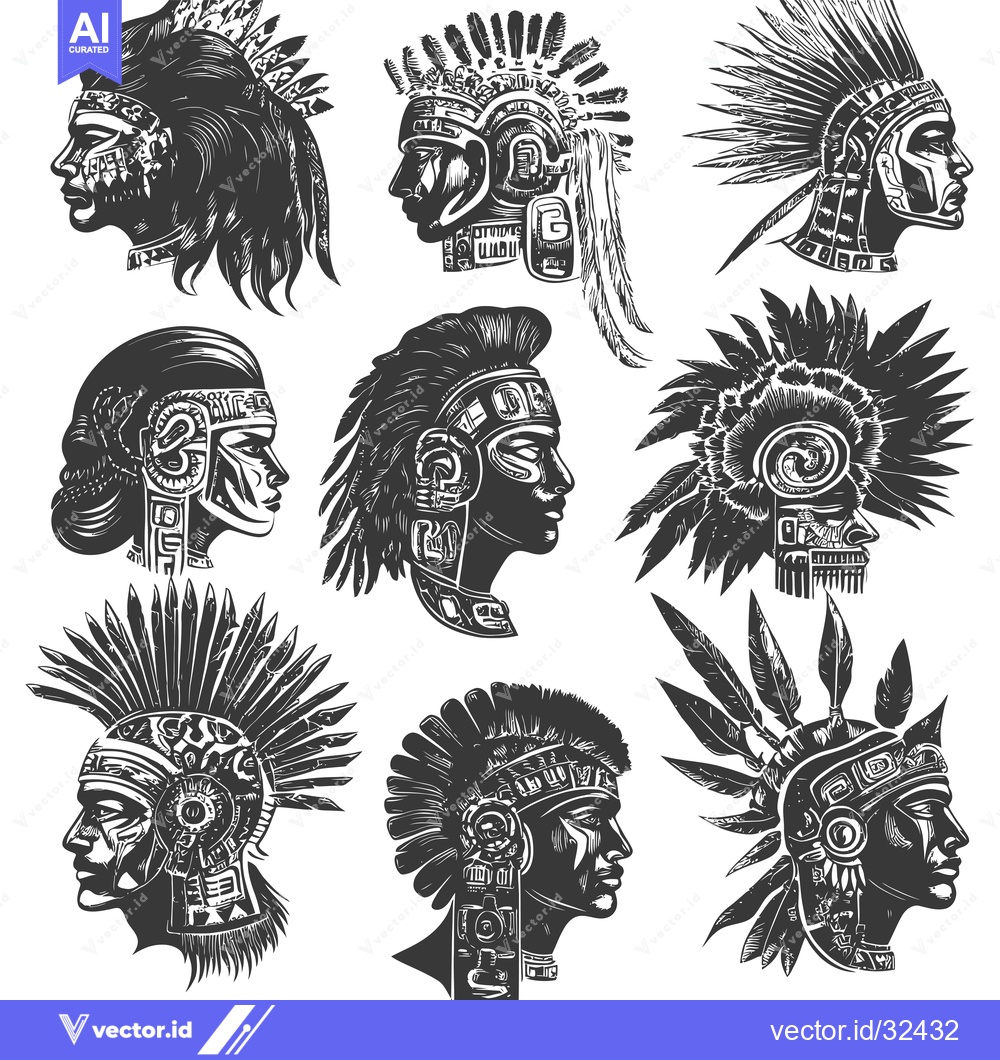 Premium Vector of Collection of Black and White Illustrations of Native American Heads w
