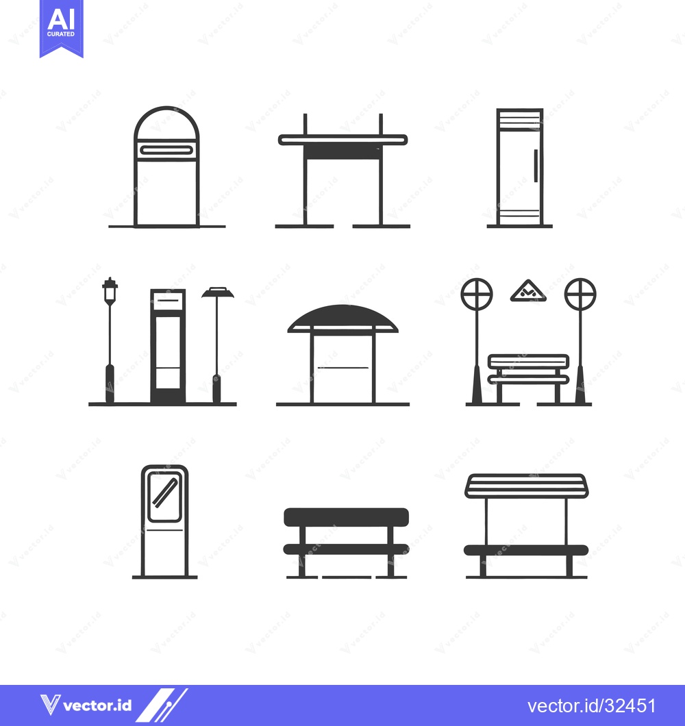 Premium Vector dari Collection of Black and White Line Icons of Bus Stop Elements