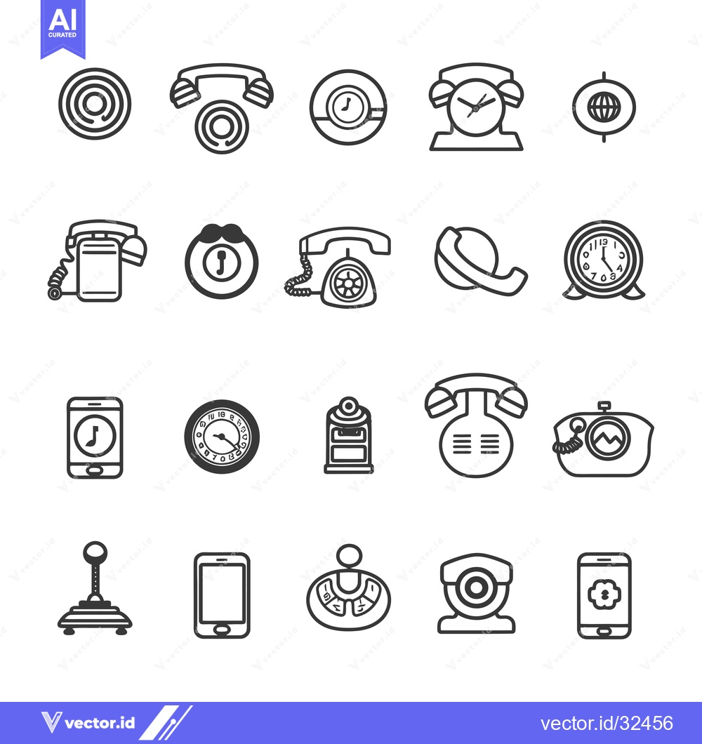 Premium Vector dari Collection of Black and White Line Icons Related to Telephones, Clocks