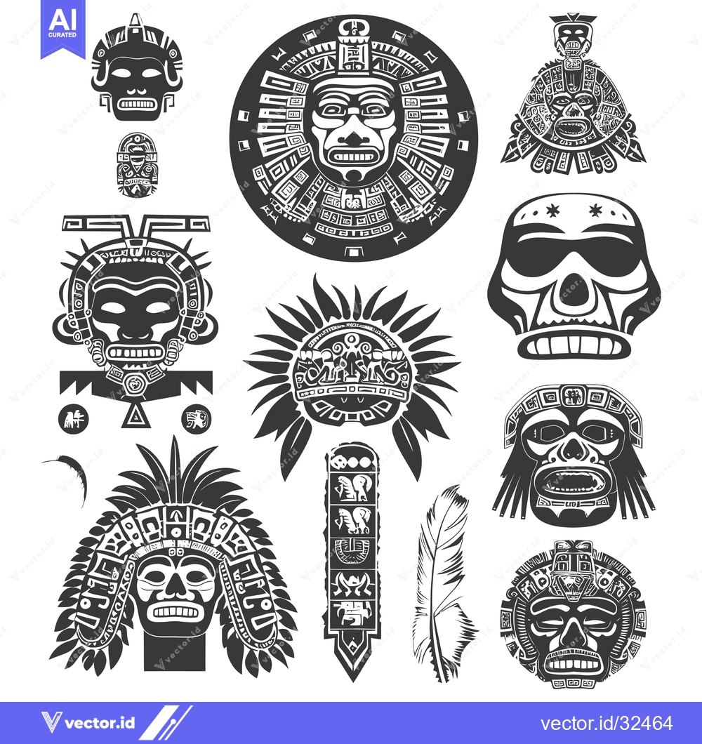 Premium Vector of Collection of Black and White Mayan Masks and Symbols