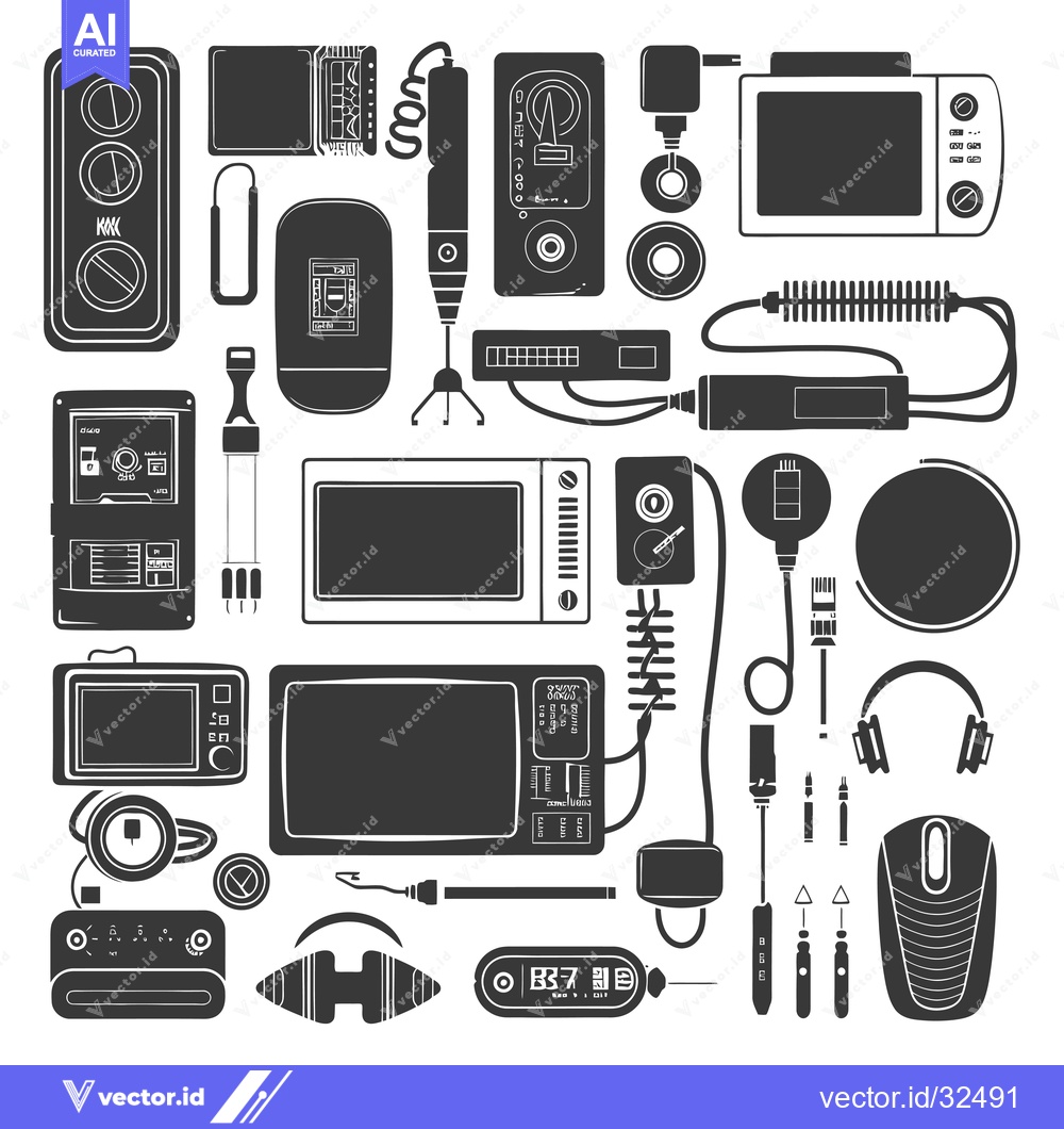 Premium Vector dari Collection of Black and White Retro Technology Devices