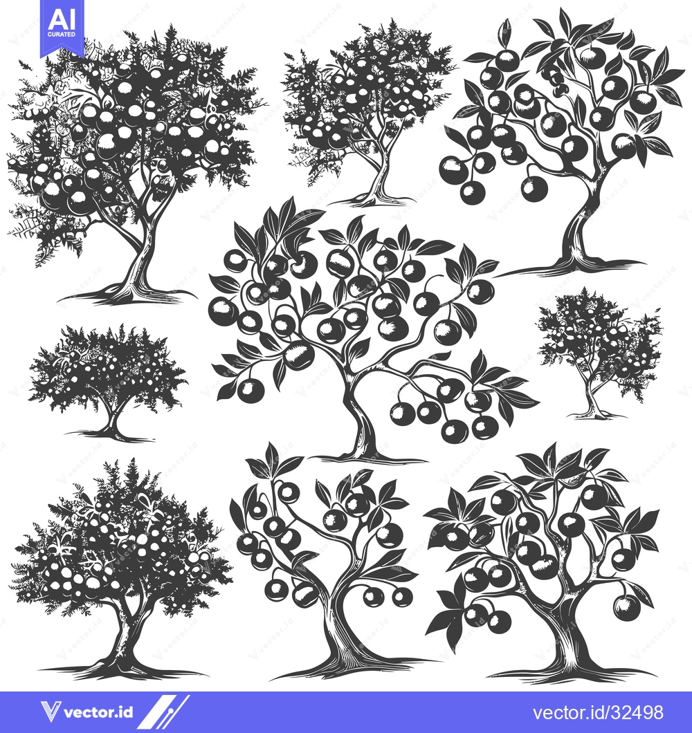Premium Vector of Collection of Black and White Silhouette Fruit Trees