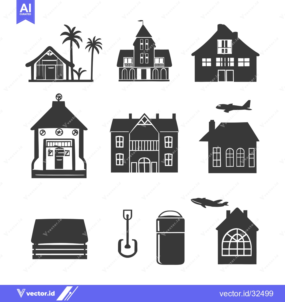 Premium Vector of Collection of Black and White Silhouette Houses and Icons