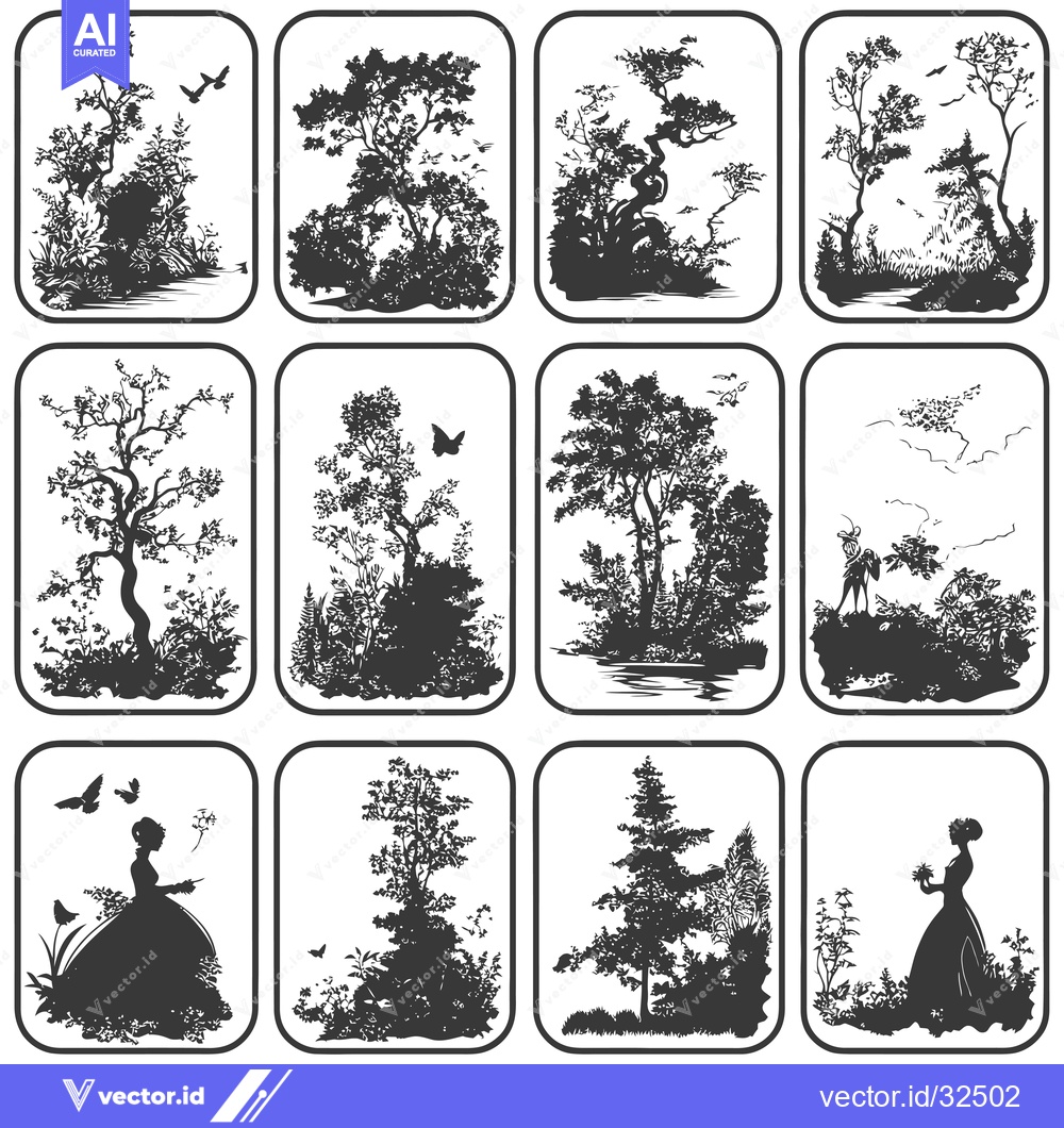 Premium Vector dari Collection of Black and White Silhouette Images of Trees and Women in