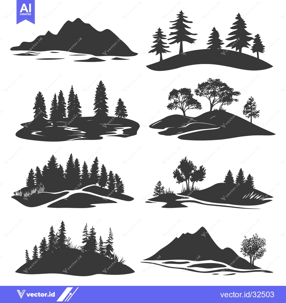 Premium Vector dari Collection of Black and White Silhouette Landscapes
