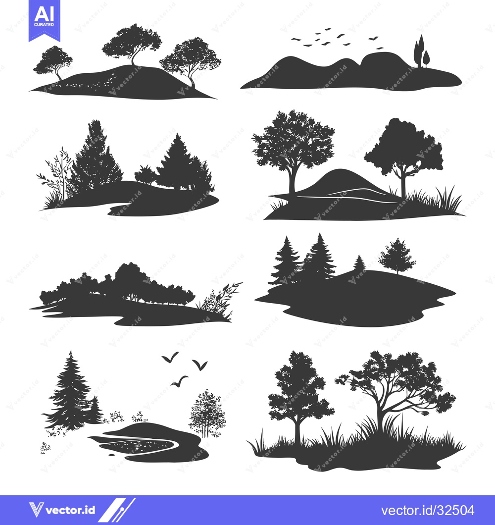 Premium Vector dari Collection of Black and White Silhouettes Depicting Various Landscapes
