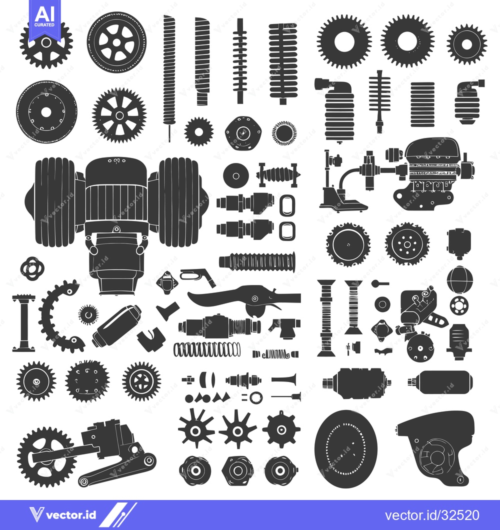 Premium Vector of Collection of Black and White Silhouettes of Mechanical Parts