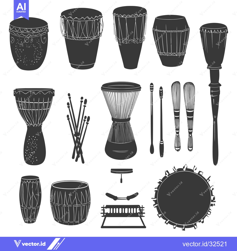 Premium Vector of Collection of Black and White Silhouettes of Percussion Instruments