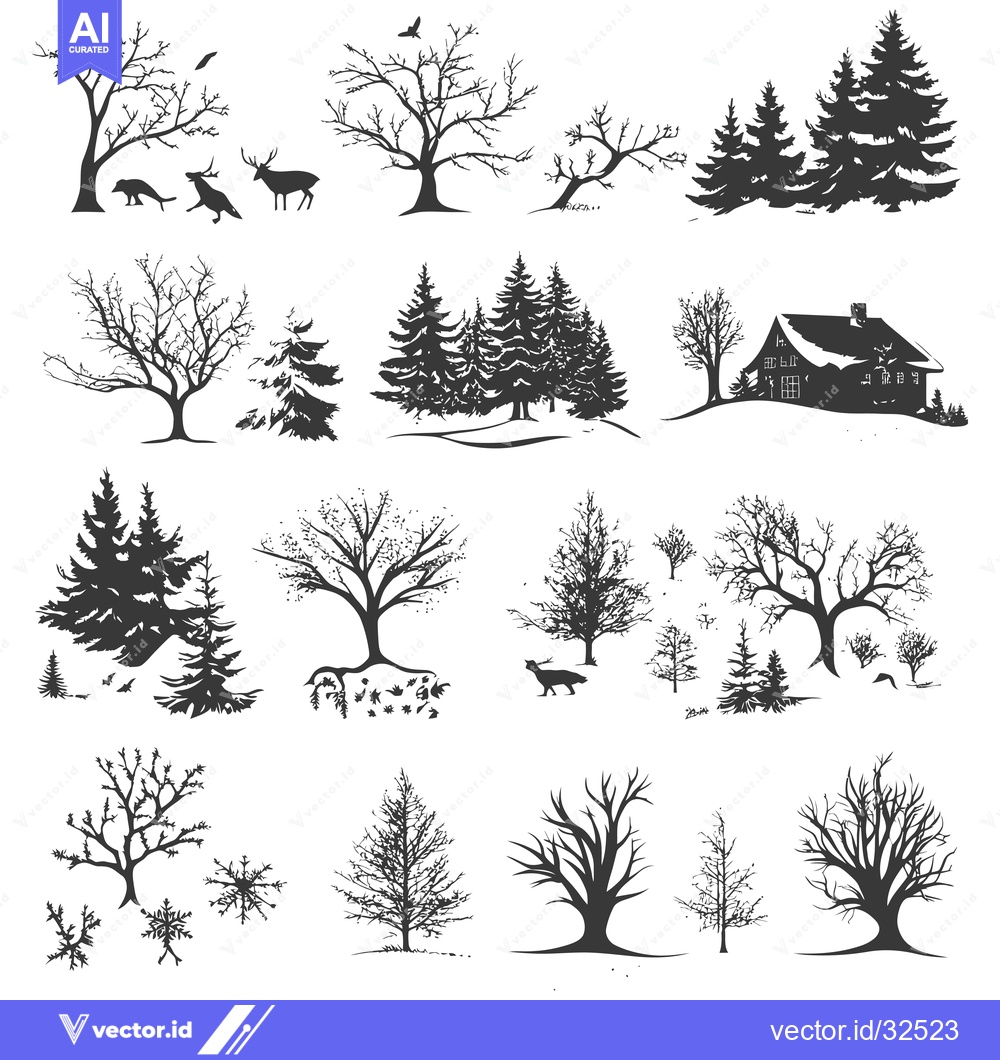 Premium Vector dari Collection of Black and White Silhouettes of Trees, Animals, and a Cab