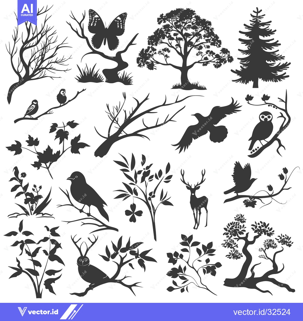 Premium Vector dari Collection of Black and White Silhouettes of Trees, Birds, and Other W