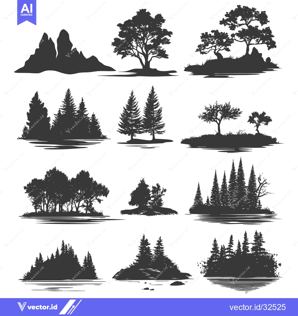Premium Vector of Collection of Black and White Silhouettes of Trees, Mountains and Fore