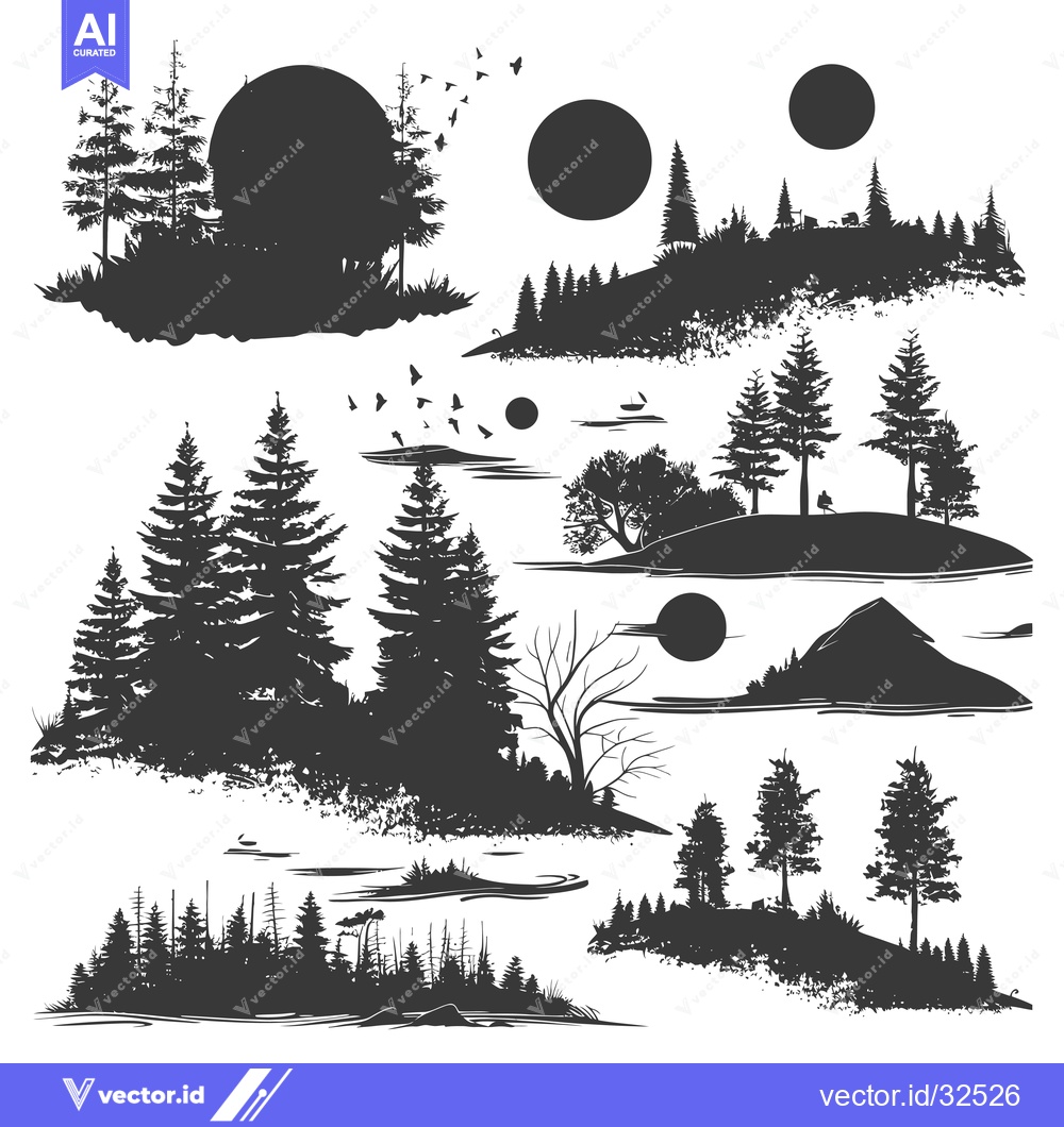 Premium Vector dari Collection of Black and White Silhouettes of Trees, Mountains, and the