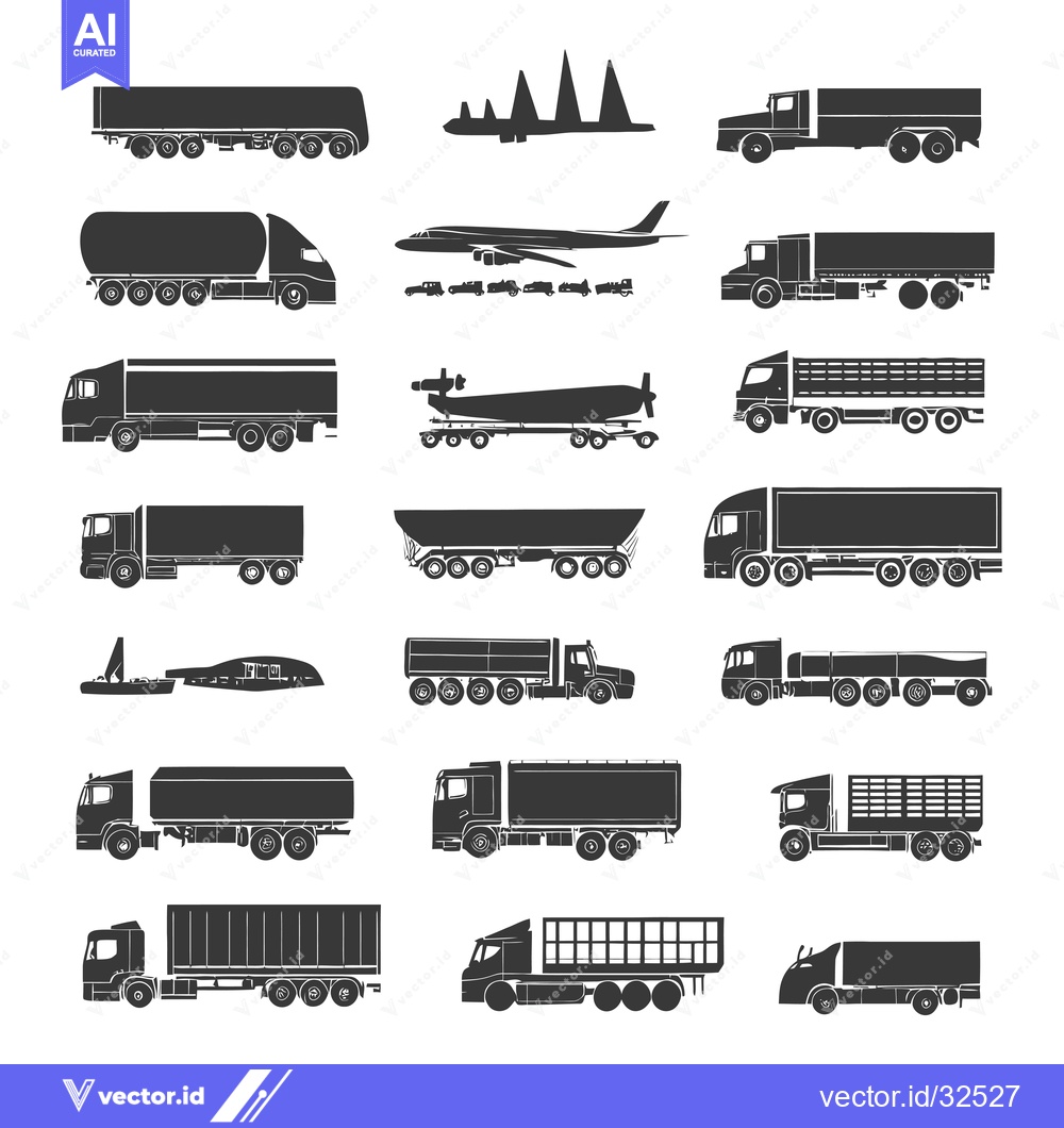Premium Vector dari Collection of Black and White Silhouettes of Trucks, Trailers, and Air