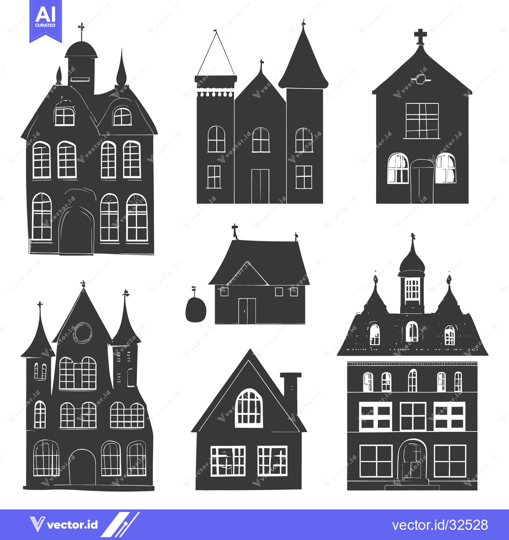Premium Vector dari Collection of Black and White Silhouettes of Various Buildings