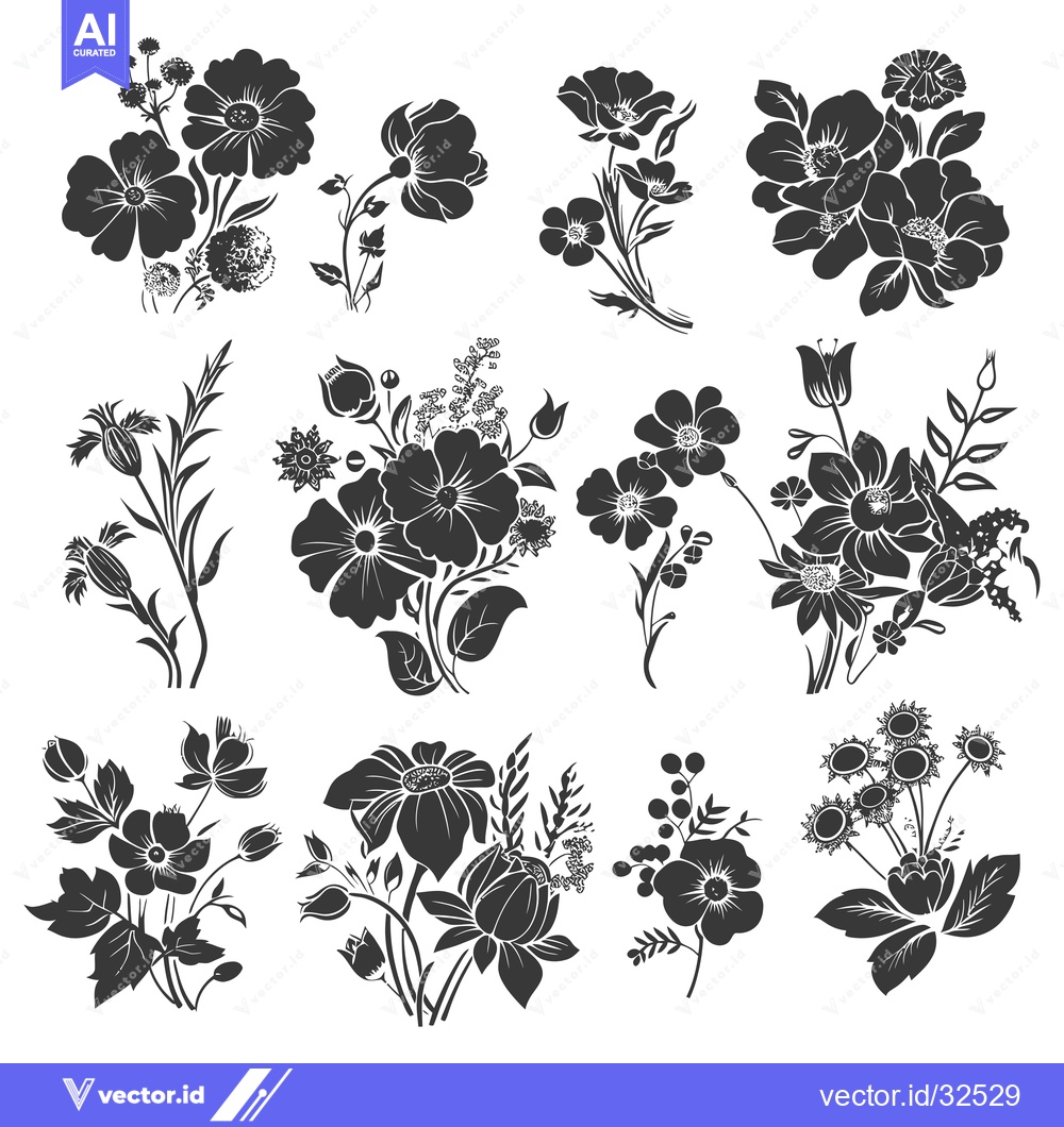 Premium Vector dari Collection of Black and White Silhouettes of Various Flowers