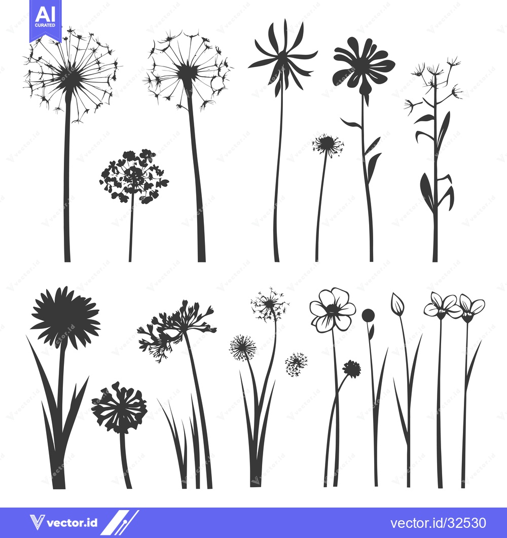 Premium Vector dari Collection of Black and White Silhouettes of Various Flowers and Dande