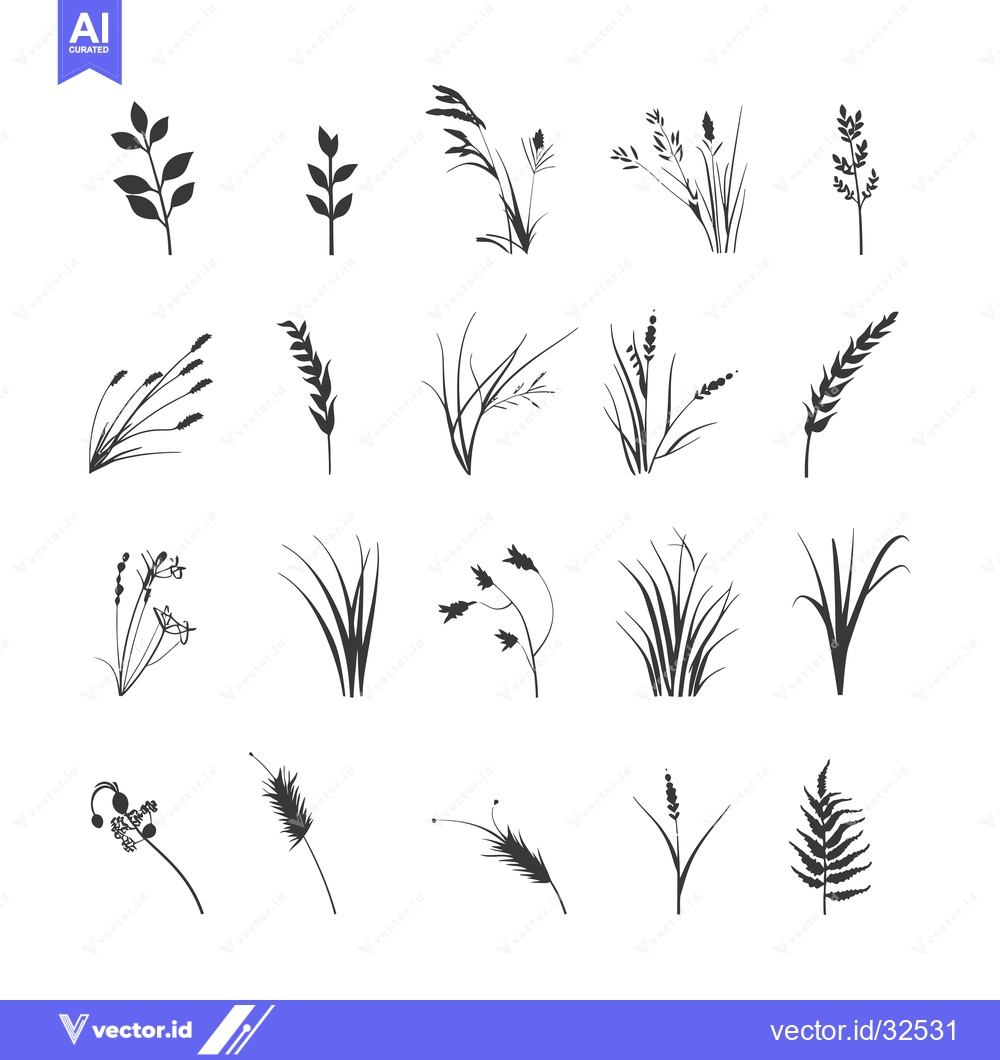 Premium Vector dari Collection of Black and White Silhouettes of Various Plants and Grasse