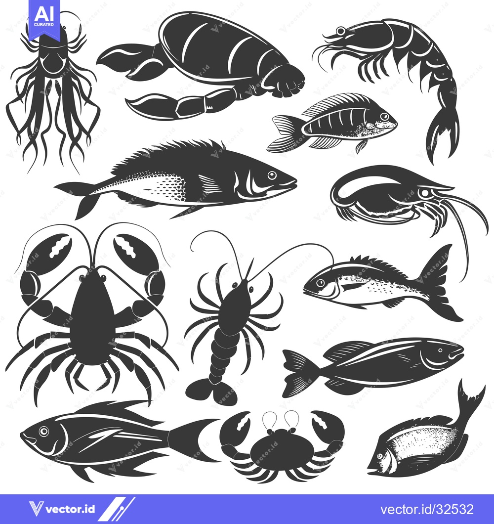 Premium Vector of Collection of Black and White Silhouettes of Various Seafood