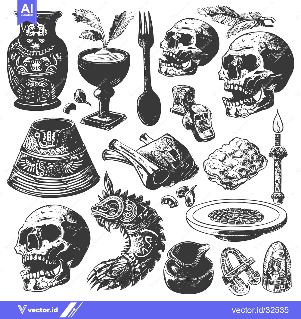 Premium Vector dari Collection of Black and White Skulls, Pottery, and Tribal Items