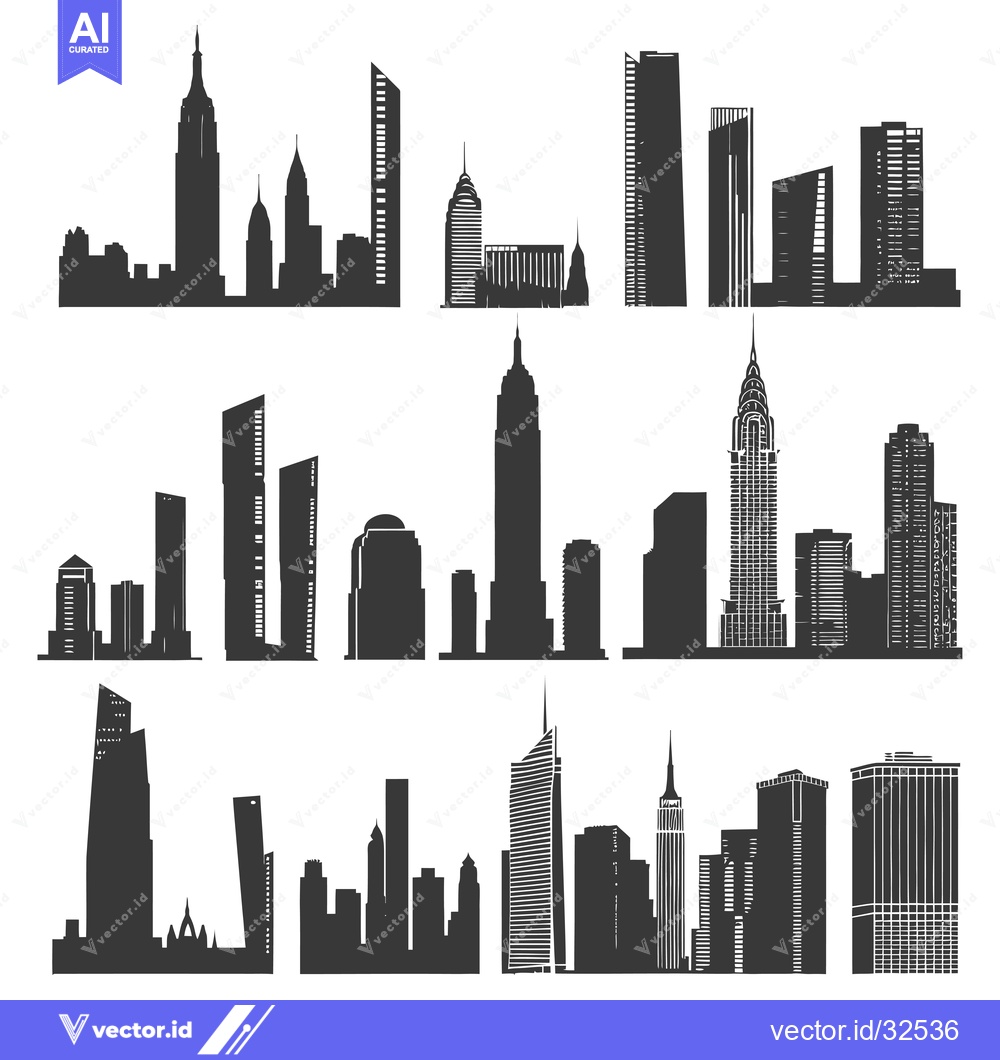 Premium Vector dari Collection of Black and White Skyline Silhouettes of Cityscapes
