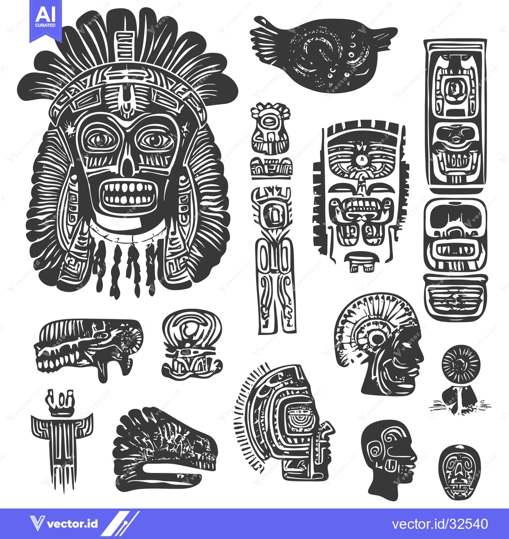 Premium Vector dari Collection of Black and White Stylized Ancient Mayan Faces and Pattern