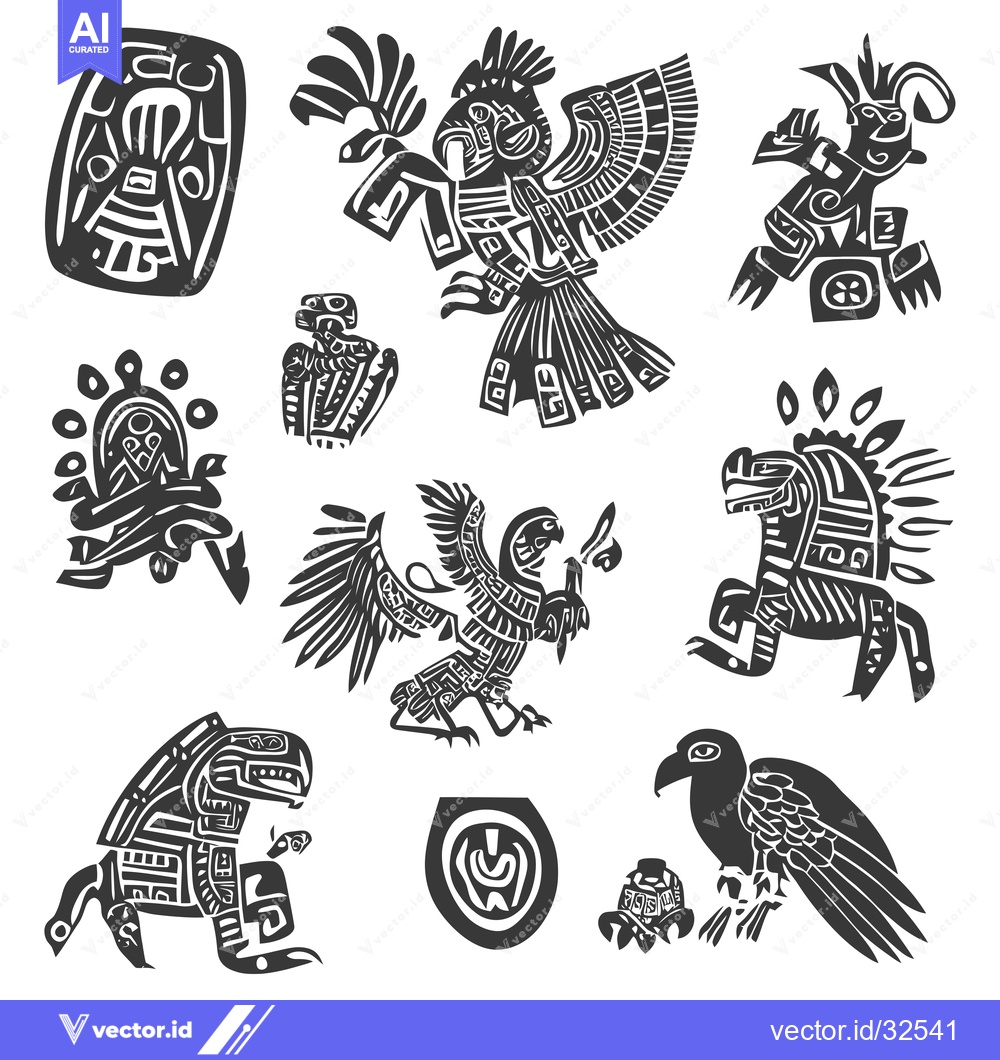 Premium Vector of Collection of Black and White Stylized Bird and Animal Designs in Azte