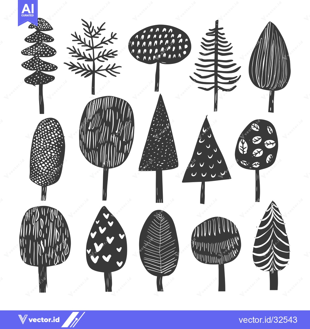 Premium Vector of Collection of Black and White Stylized Trees