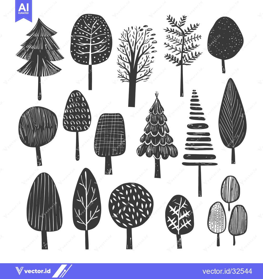 Premium Vector dari Collection of Black and White Stylized Tree Silhouettes