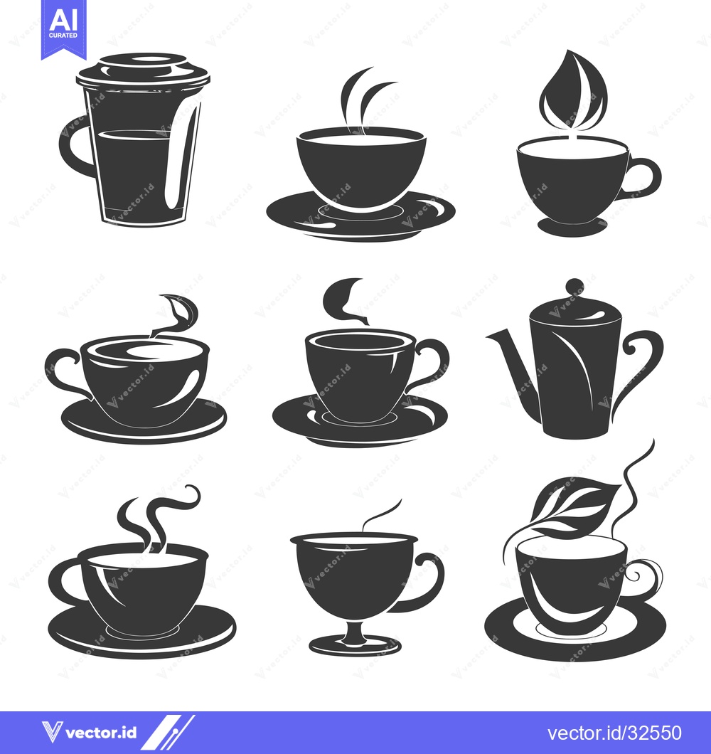 Premium Vector dari Collection of Black and White Teacup Silhouettes with Steam and Leaves