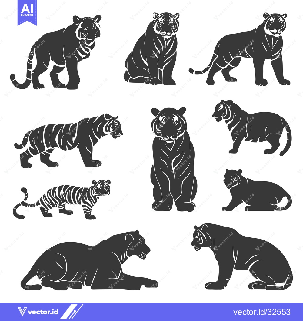 Premium Vector of Collection of Black and White Tiger Silhouettes in Various Poses