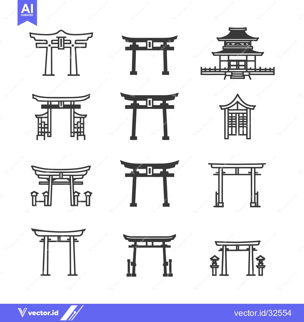 Premium Vector dari Collection of Black and White Torii Gates and Japanese Architecture