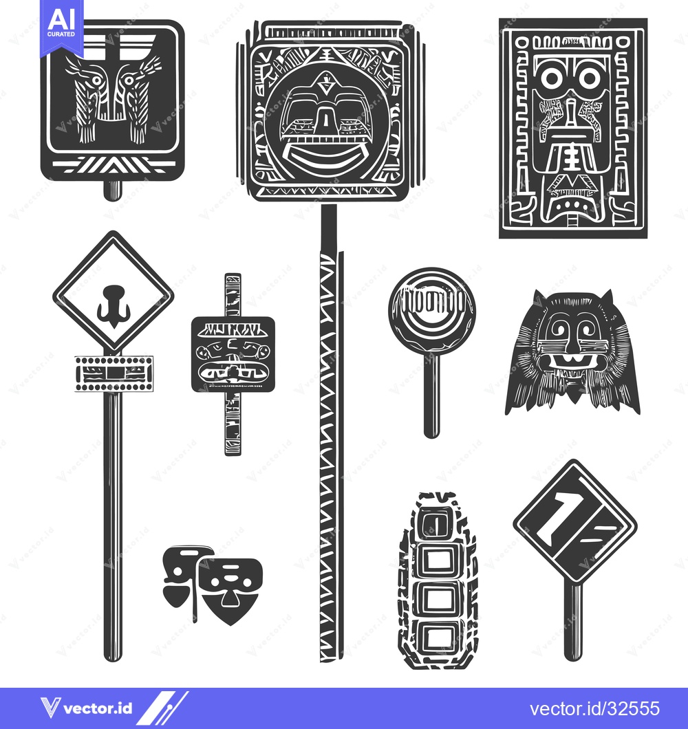 Premium Vector of Collection of Black and White Totem Pole Style Illustrations