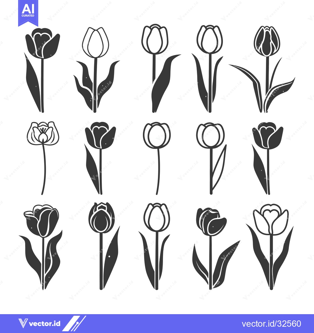 Premium Vector dari Collection of Black and White Tulip Flower Icons