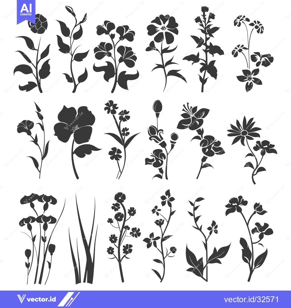 Premium Vector of Collection of Black Silhouette Flower and Foliage Designs