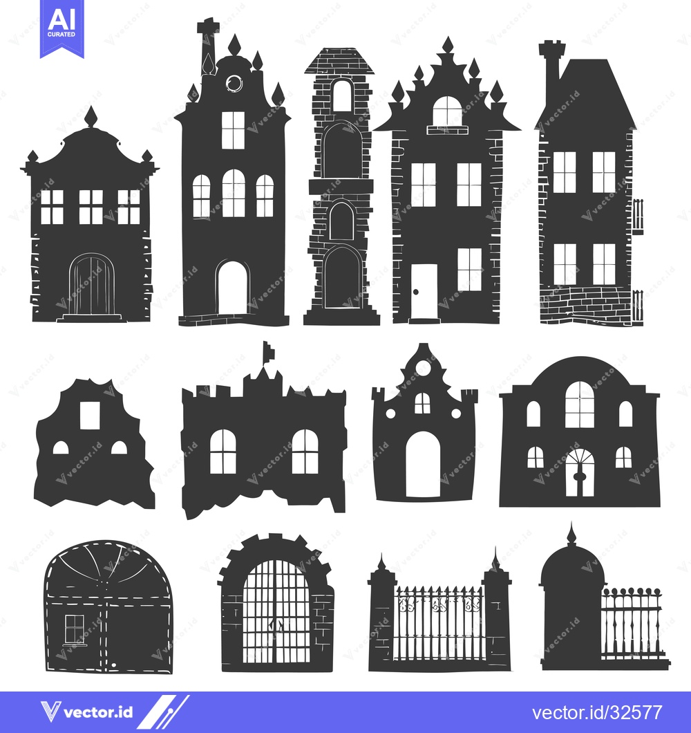 Premium Vector of Collection of Black Silhouettes of Buildings and Architectural Element