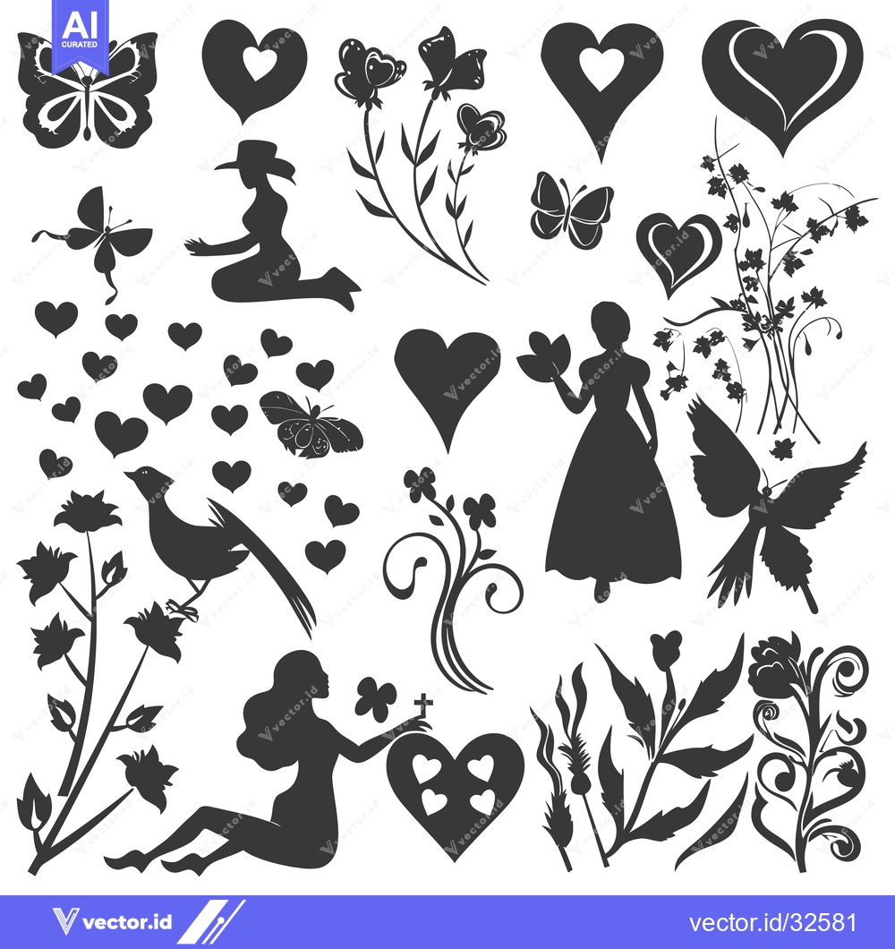 Premium Vector of Collection of Black Silhouettes of Flowers, Butterflies, Birds, and He