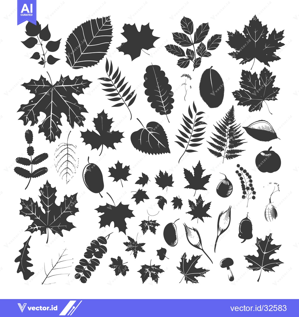 Premium Vector dari Collection of Black Silhouettes of Leaves, Berries, and a Mushroom