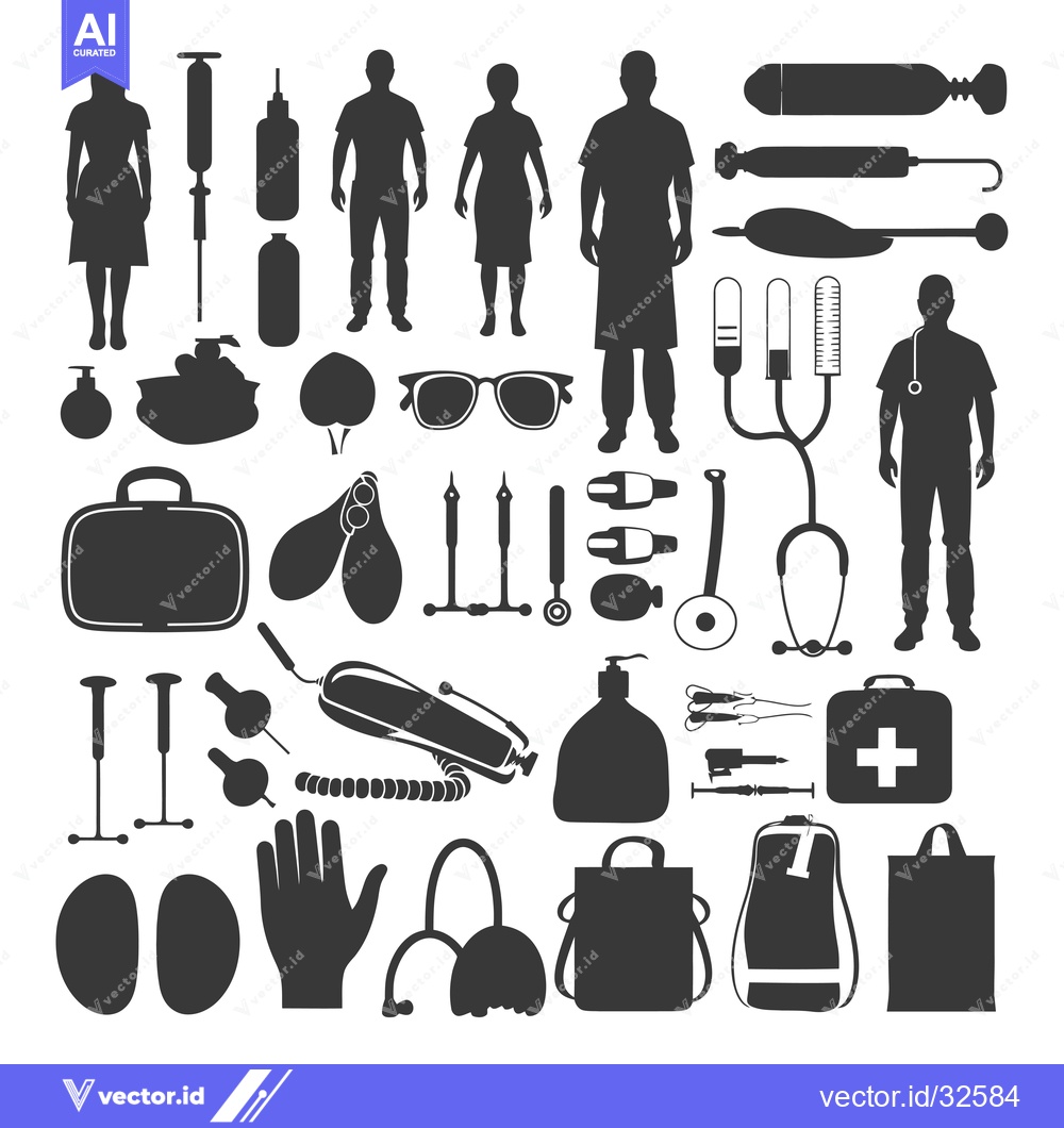 Premium Vector dari Collection of Black Silhouettes of Medical Equipment and Personnel