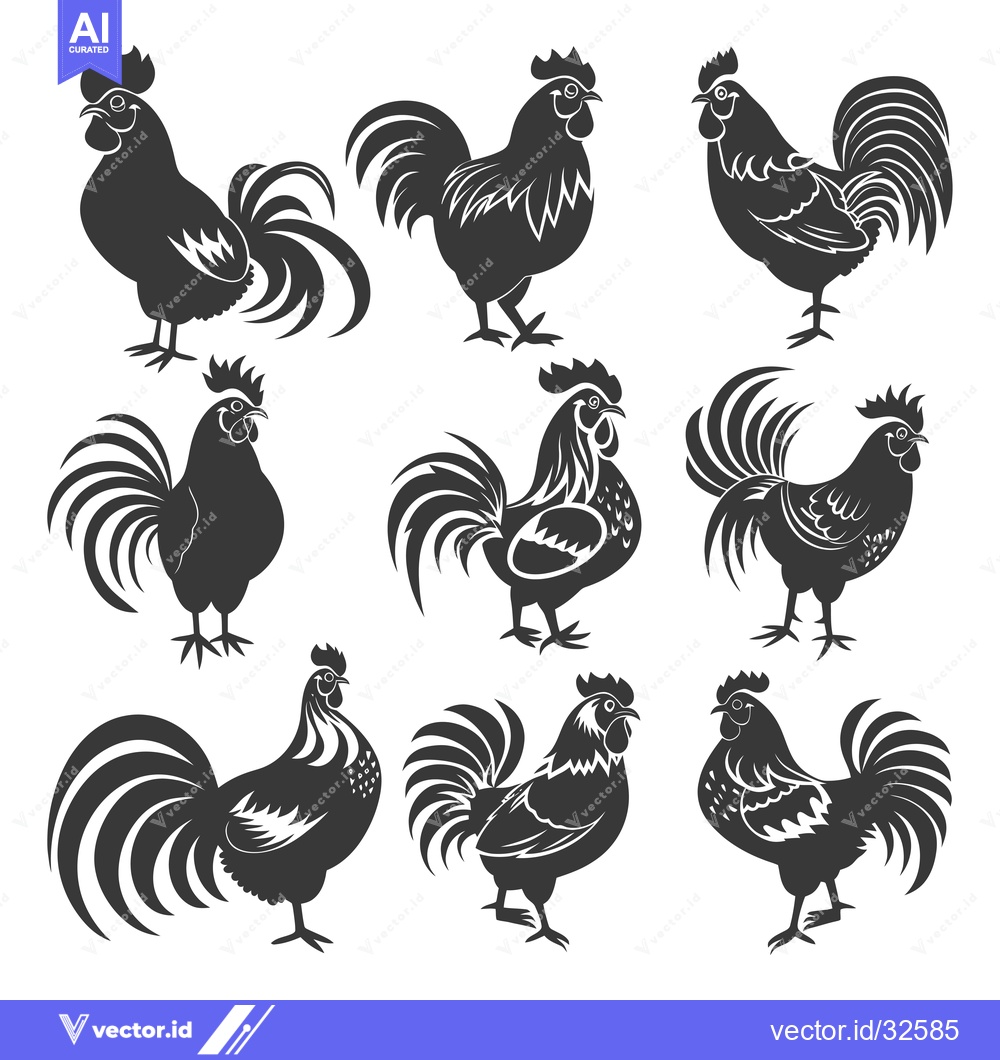 Premium Vector dari Collection of Black Silhouettes of Roosters in Various Poses