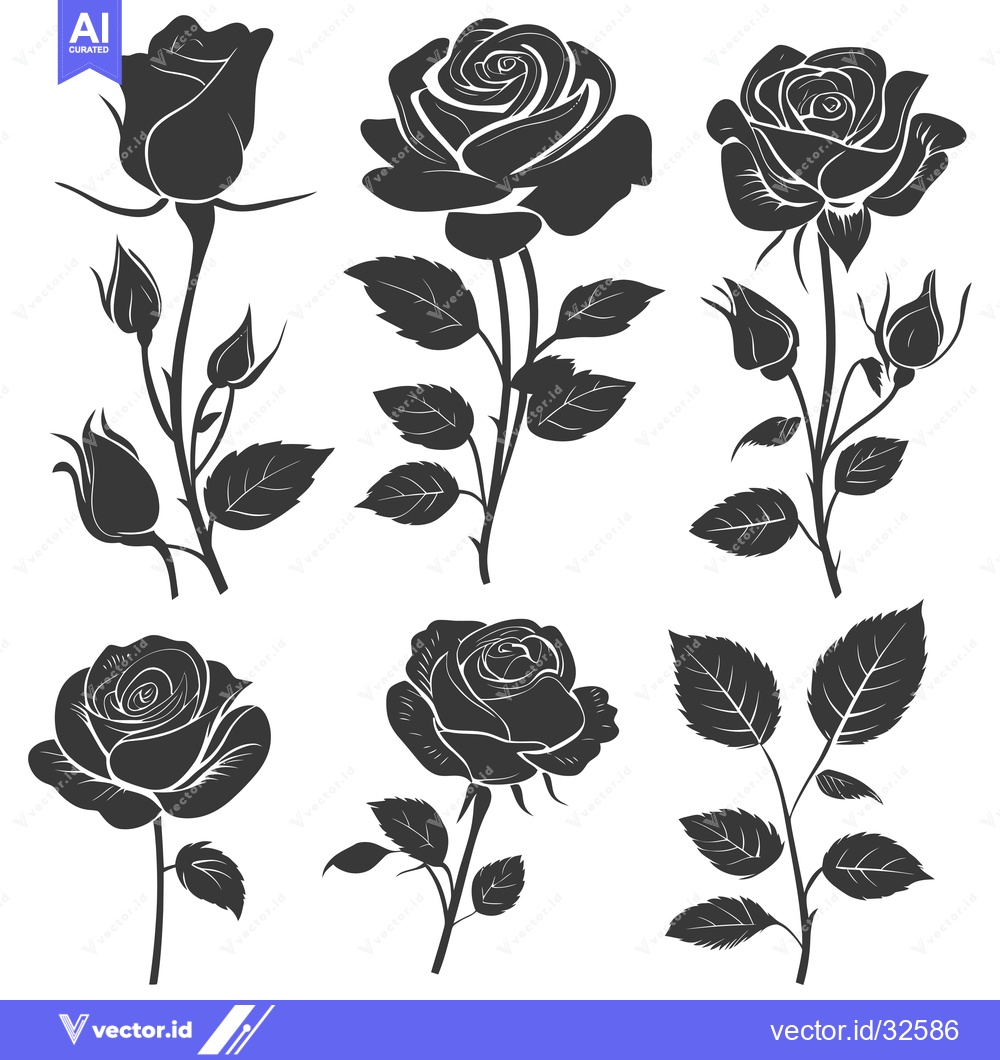 Premium Vector dari Collection of Black Silhouettes of Roses with Stems and Leaves