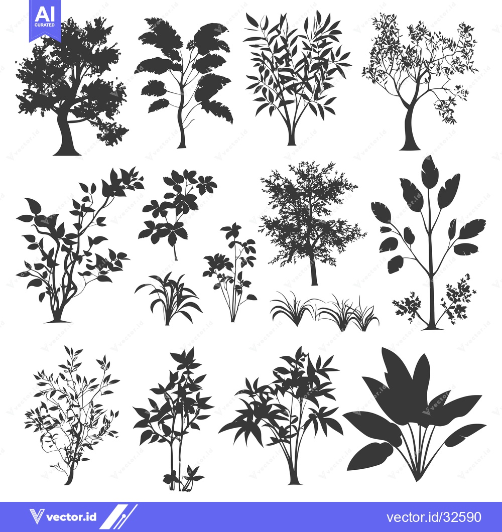 Premium Vector dari Collection of Black Silhouettes of Various Trees and Bushes