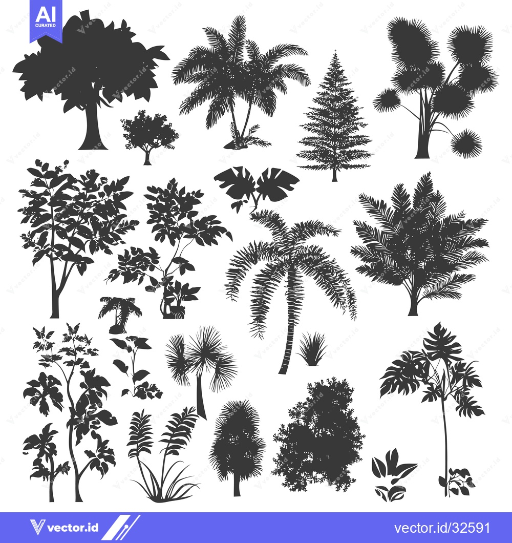 Premium Vector of Collection of Black Silhouettes of Various Trees and Plants