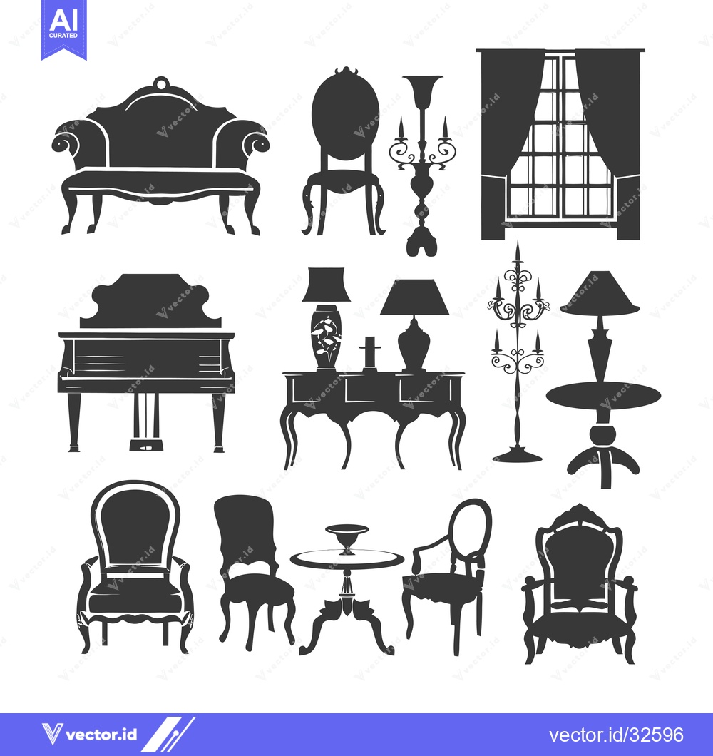 Premium Vector of Collection of Black Silhouettes of Vintage Furniture and Decor