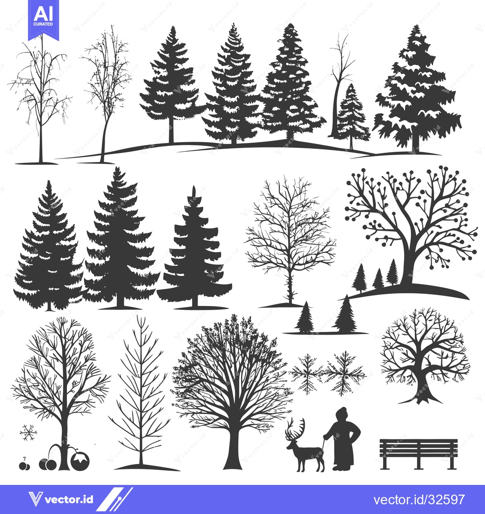 Premium Vector dari Collection of Black Silhouettes of Winter Trees, a Reindeer, a Person,