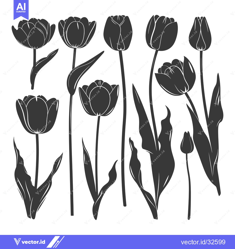 Premium Vector of Collection of Black Silhouette Tulip Flower Illustrations