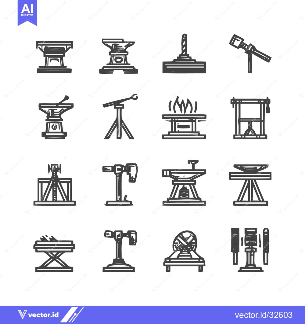 Premium Vector of Blacksmithing Tools and Equipment Icon Set.