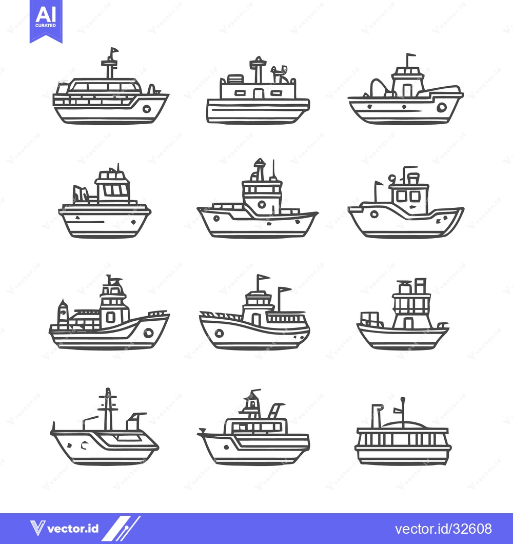 Premium Vector dari Collection of Various Boat Illustrations in Black and White.