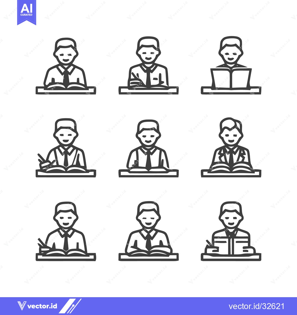 Premium Vector of Students Studying at Desks - A Collection of Line Art Illustrations.